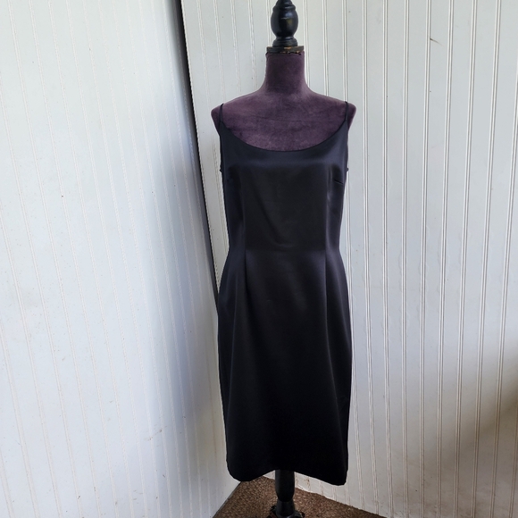 Maggy London Black Evening Dress Knee Length Satin Beaded Party Stap Bodycon  12 - Picture 1 of 12
